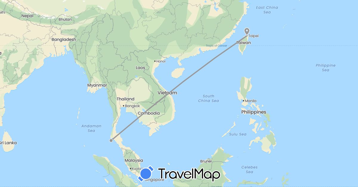 TravelMap itinerary: driving, plane in Thailand, Taiwan (Asia)